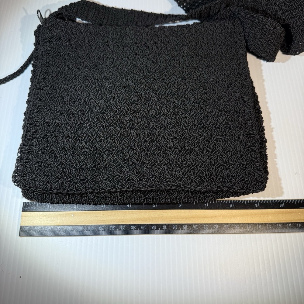 Vintage CHATEAU Crochet Crossbody Strap Purse Bag W/ Flap Coin Purse Boho Black - Picture 10 of 14
